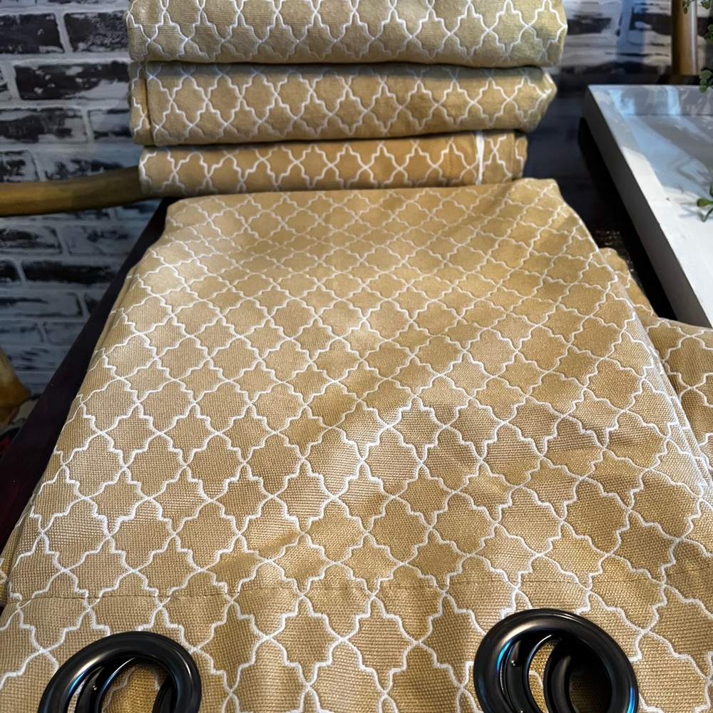 50” X 84” blackout curtains.  Mustard & cream quatrefoil design.